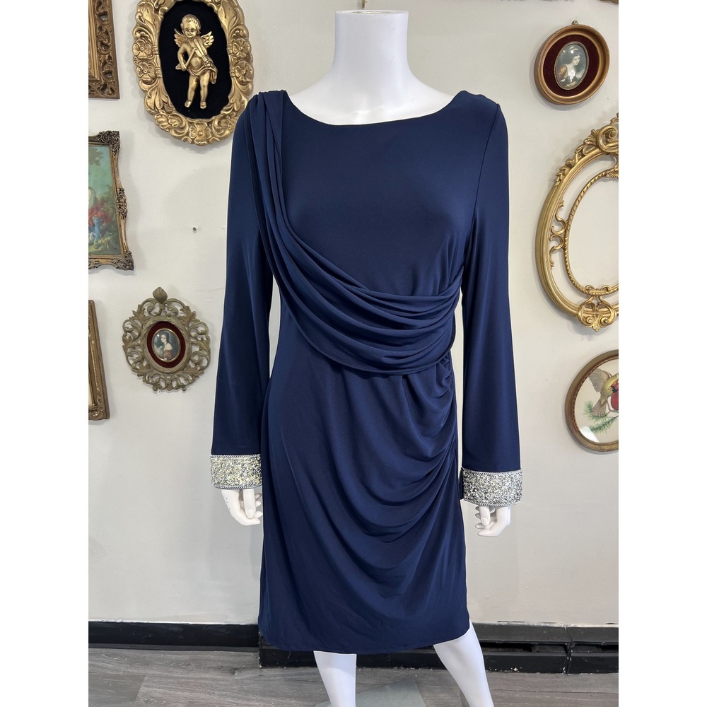 Marina Navy Blue Long Sleeve Draped Cocktail Dress Rhinestone Cuffs Size 14